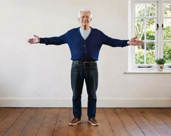 Elderly man standing indoors on a wooden floor, arms extended out to the sides in a light exercise pose to do arm circles.