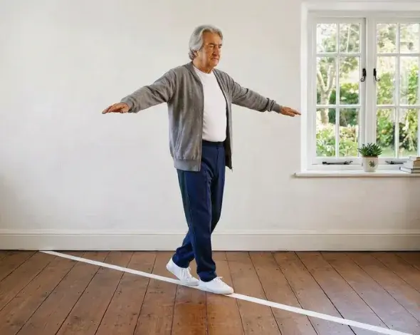 Elderly man performing a heel to toe walking exercise indoors, balancing with arms extended while stepping carefully along a straight line on the floor.