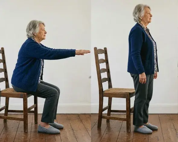 Woman standing up from a chair at home, performing a sit to stand exercise to improve strength and mobility.