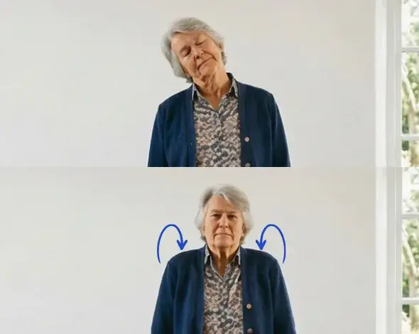 Elderly person gently performing neck and shoulder roll exercises, moving the shoulders and tilting the head.